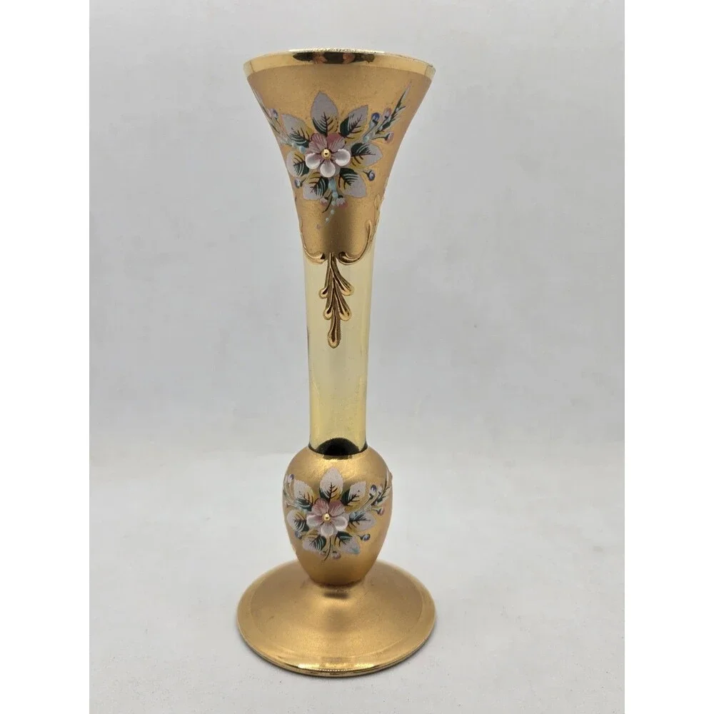 Czech Bohemian Gold Hand Painted Floral Glass Bud Vase 6